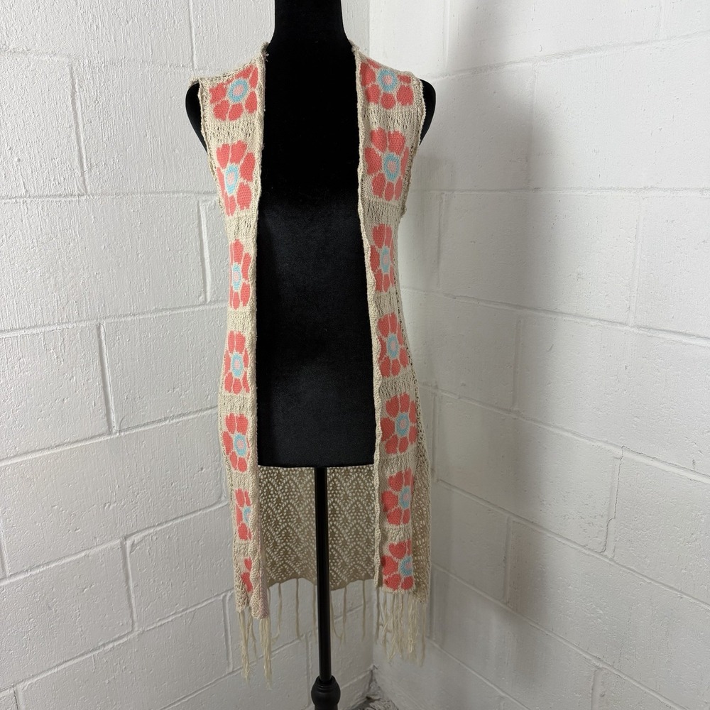 Crochet Long Open Knit Vest Layers Fringe Hippie Flowers Festival BoHo Indie XS